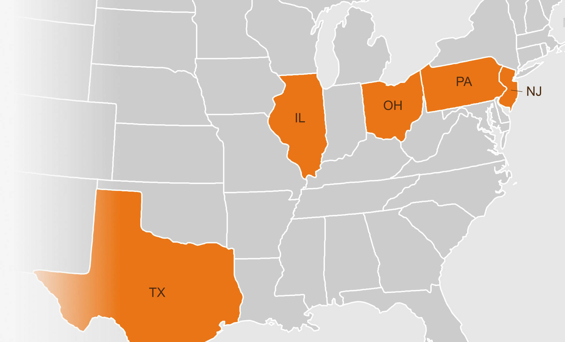 Map of the states Frontier Utilities serves: Texas, Illinois, Ohio, Pennsylvania and New Jersey